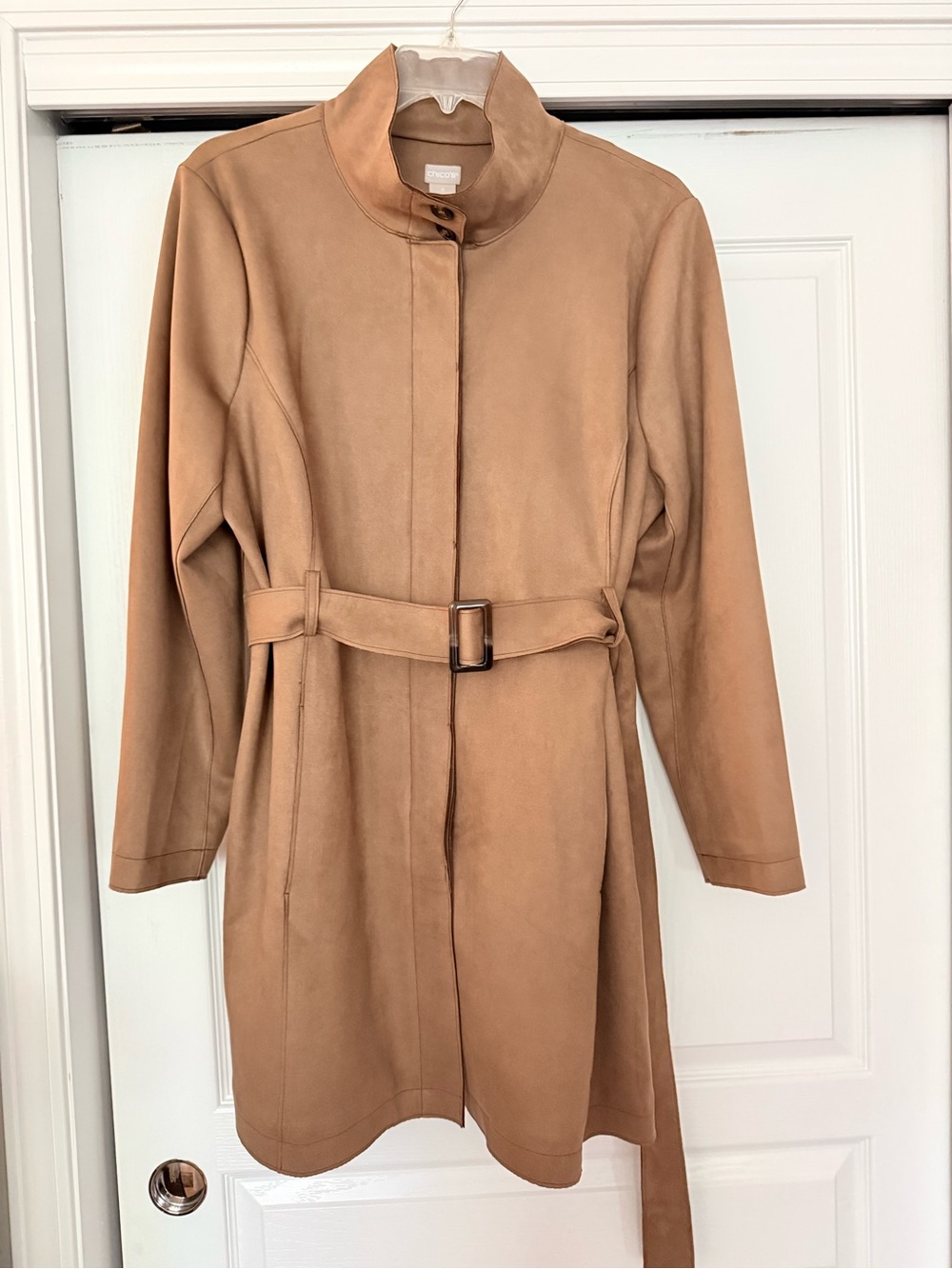 Chico’s Like New Caramel Suede Like Belted Trench Coat